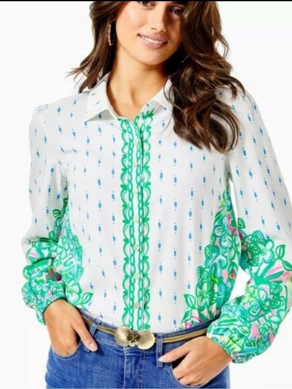 Lilly Pulitzer White Button-Down Blouse with Green & Teal Floral Trim